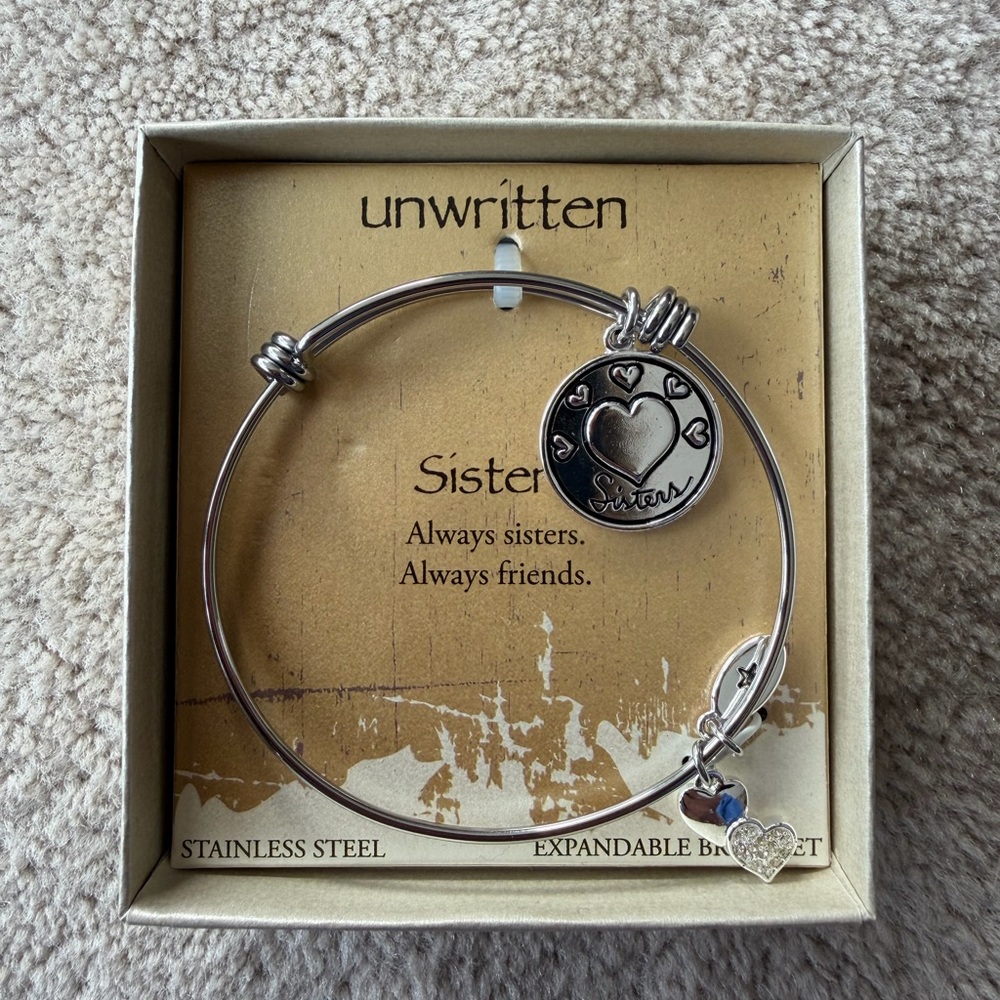 NWT Unwritten Stainless Steel Sister Bracelet with Heart Charms